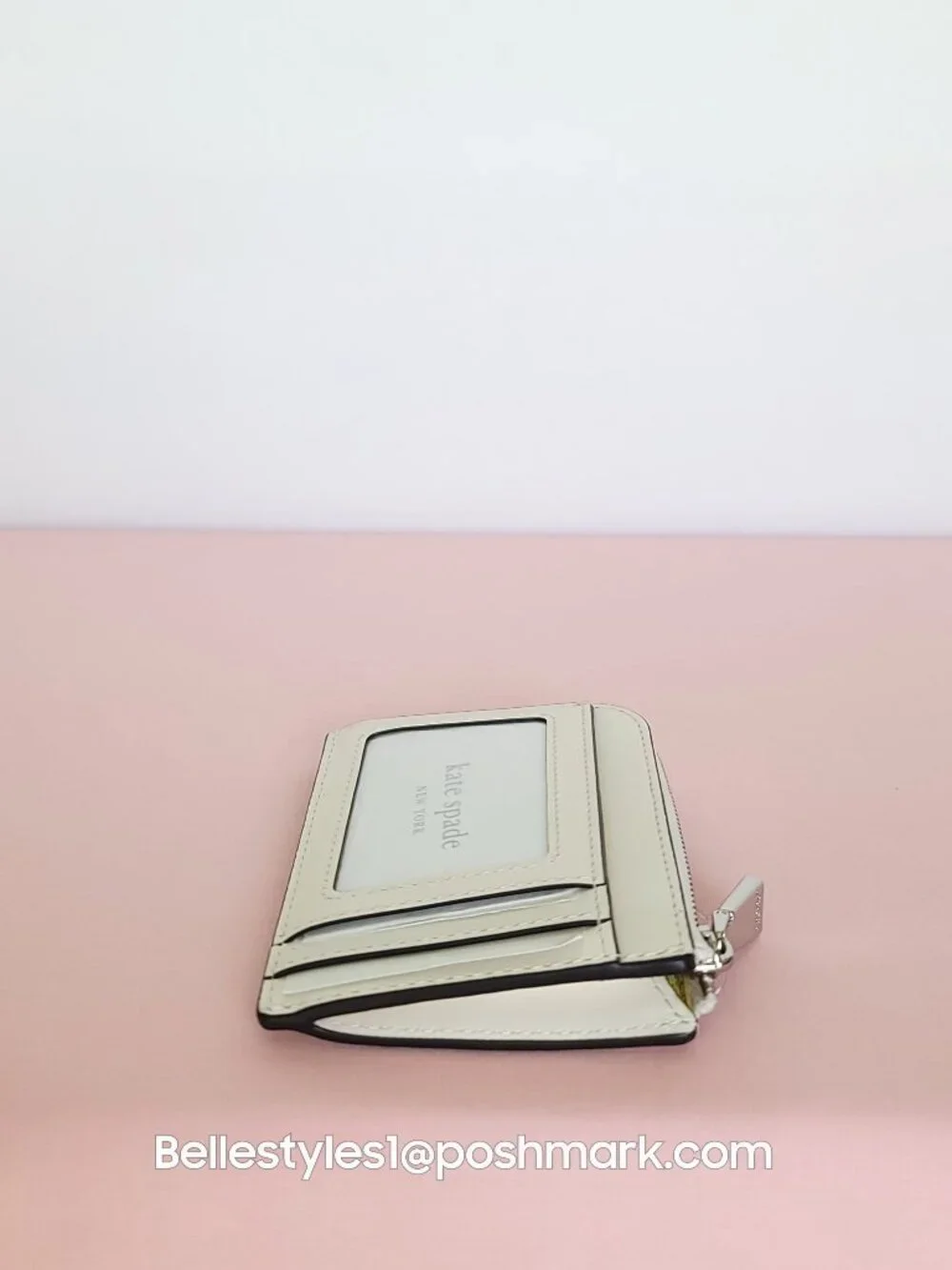KATE SPADE Mini Zipper ID Card Case in Smooth Leather w Print-Cream multi⭐